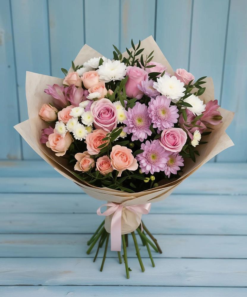 Букет цветов из: Хризантемы, Розы и Альстромерии в Подлесной Слободе