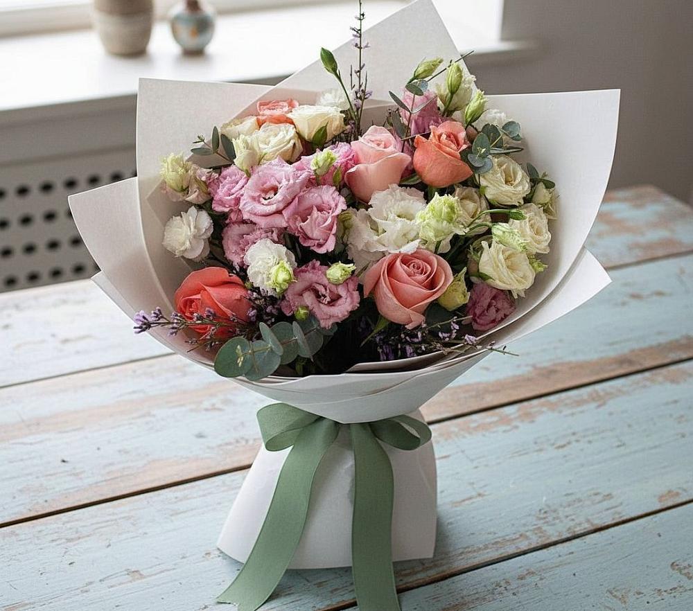 Букет цветов из: Розы, Лизиантусы и Гвоздики в Подлесной Слободе