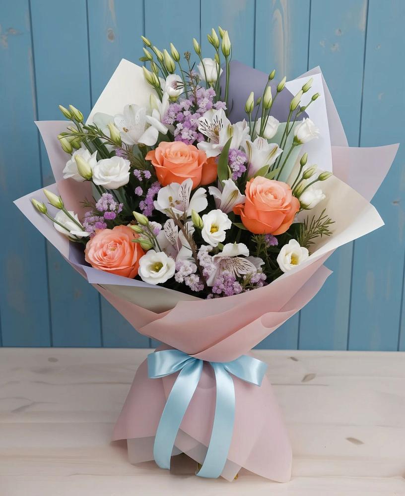 Букет цветов из: Лизиантусы, Розы, Альстромерии и Гипсофила в Подлесной Слободе