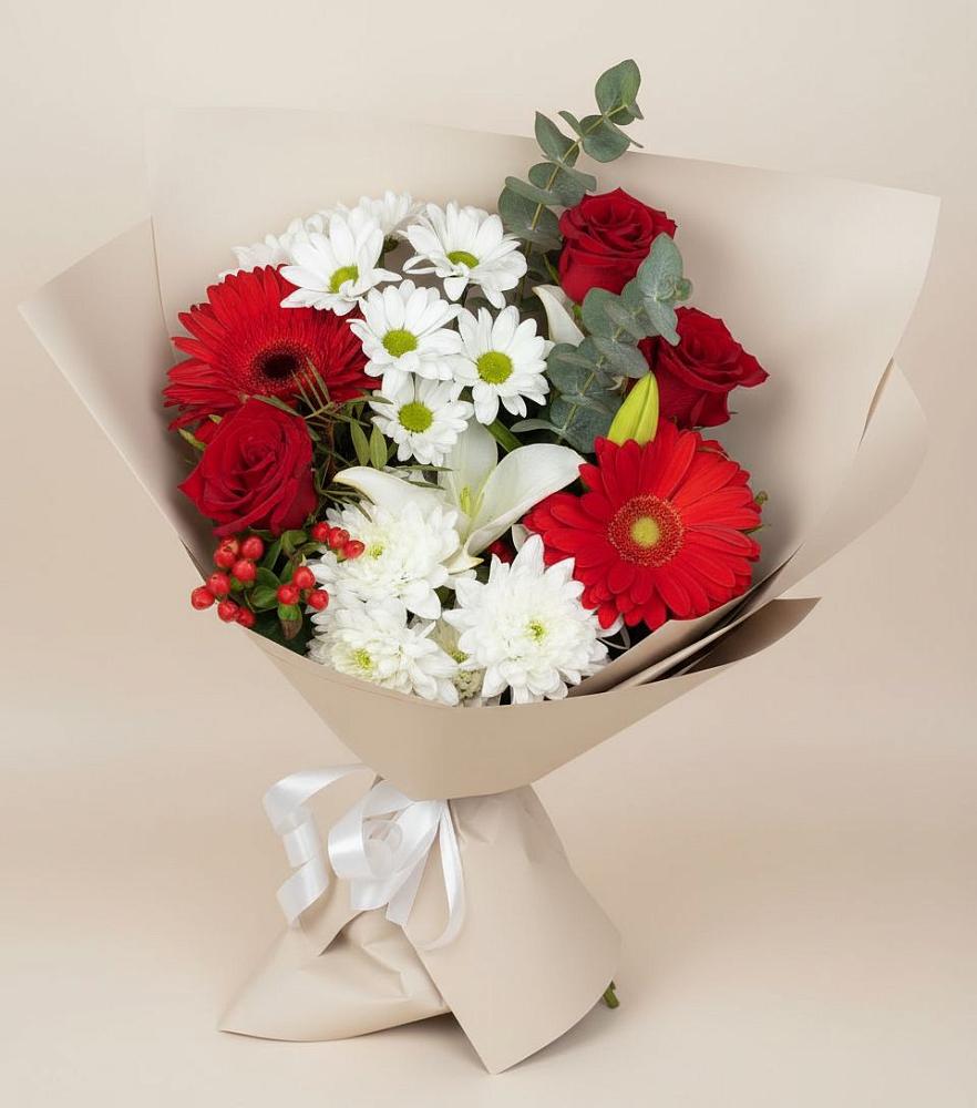 Букет цветов из: Розы, Хризантемы, Герберы и Лилии в Подлесной Слободе