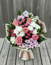 Букет цветов из:  Альстромерии, Гвоздики, Розы и Хризантемы в Подлесной Слободе